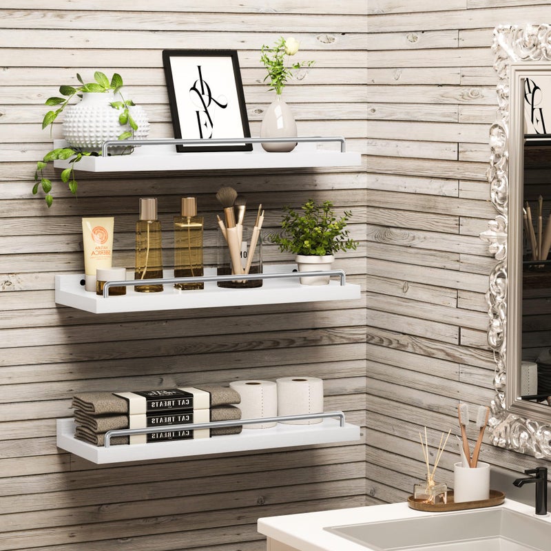 RYOFOBETTO Floating Shelves for Wall Decor, White and Grey Shelves for Bathroom, Living Room, Bedroom, Picture Frames, Plants, Kitchen (Set of 3) - Image 3