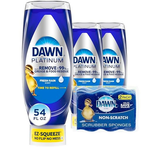 Dawn Dish Soap Squeeze Bottle, EZ-Squeeze Platinum Dish Soap Liquid+Non-Scratch Sponges for Dishes, Fresh Rain, Includes 3x18oz Bottles+2 Sponges - Image 1