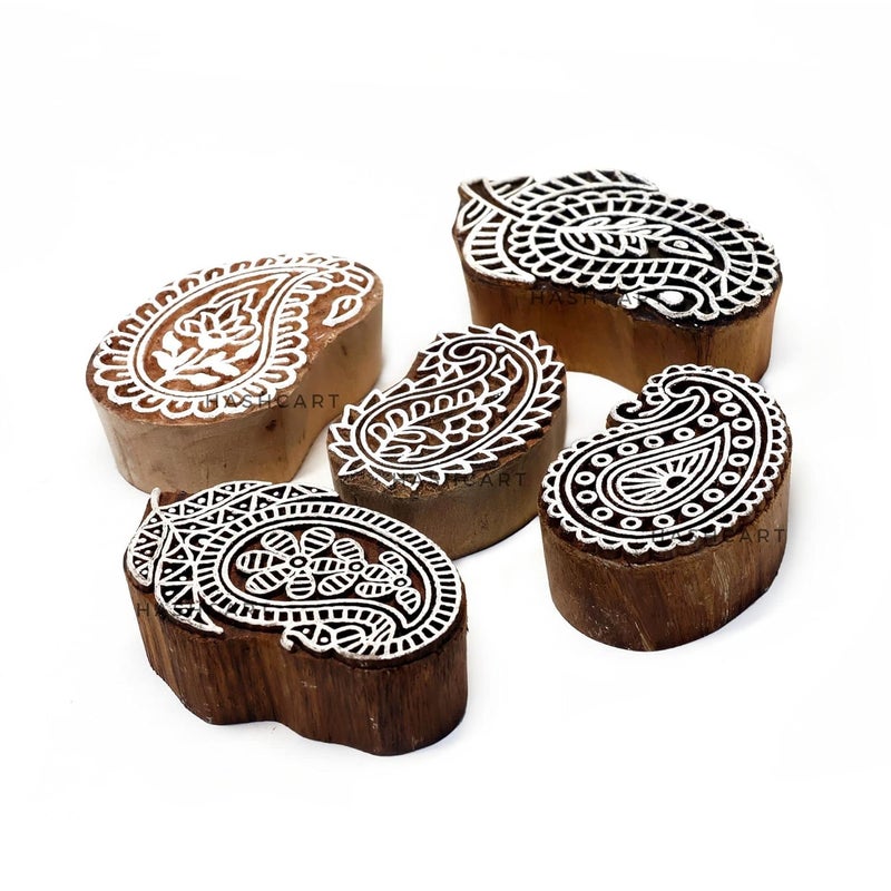 TWOGRAMS | Set of 5 | Wooden Indian Traditional Paisley Floral Design Printing Stamps/Blocks for Printing Saree Border/Dresses/Craft Card Making/Scrapbook/Clay Pottery - Image 2