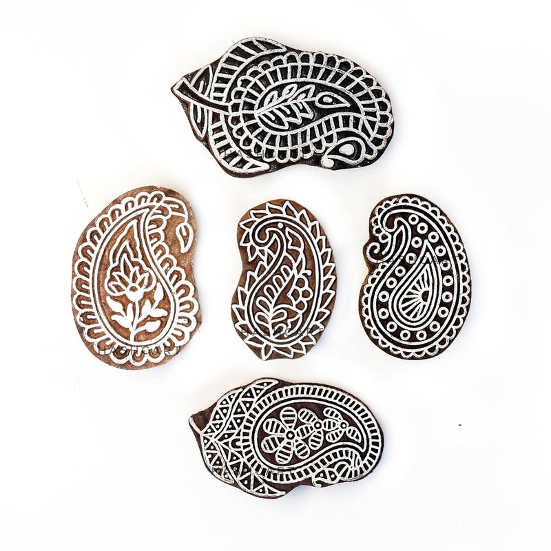 TWOGRAMS | Set of 5 | Wooden Indian Traditional Paisley Floral Design Printing Stamps/Blocks for Printing Saree Border/Dresses/Craft Card Making/Scrapbook/Clay Pottery - Image 1