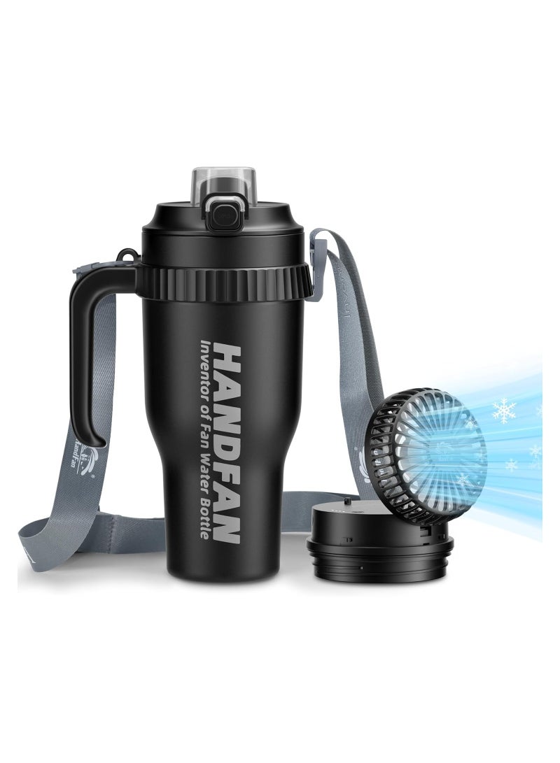 HandFan 40oz Tumbler with Handle, Strap & Built-in Portable Fan – Leakproof Stainless Steel Insulated Travel Mug with Straw & Lid – 5000mAh Rechargeable Fan – Black - Image 1