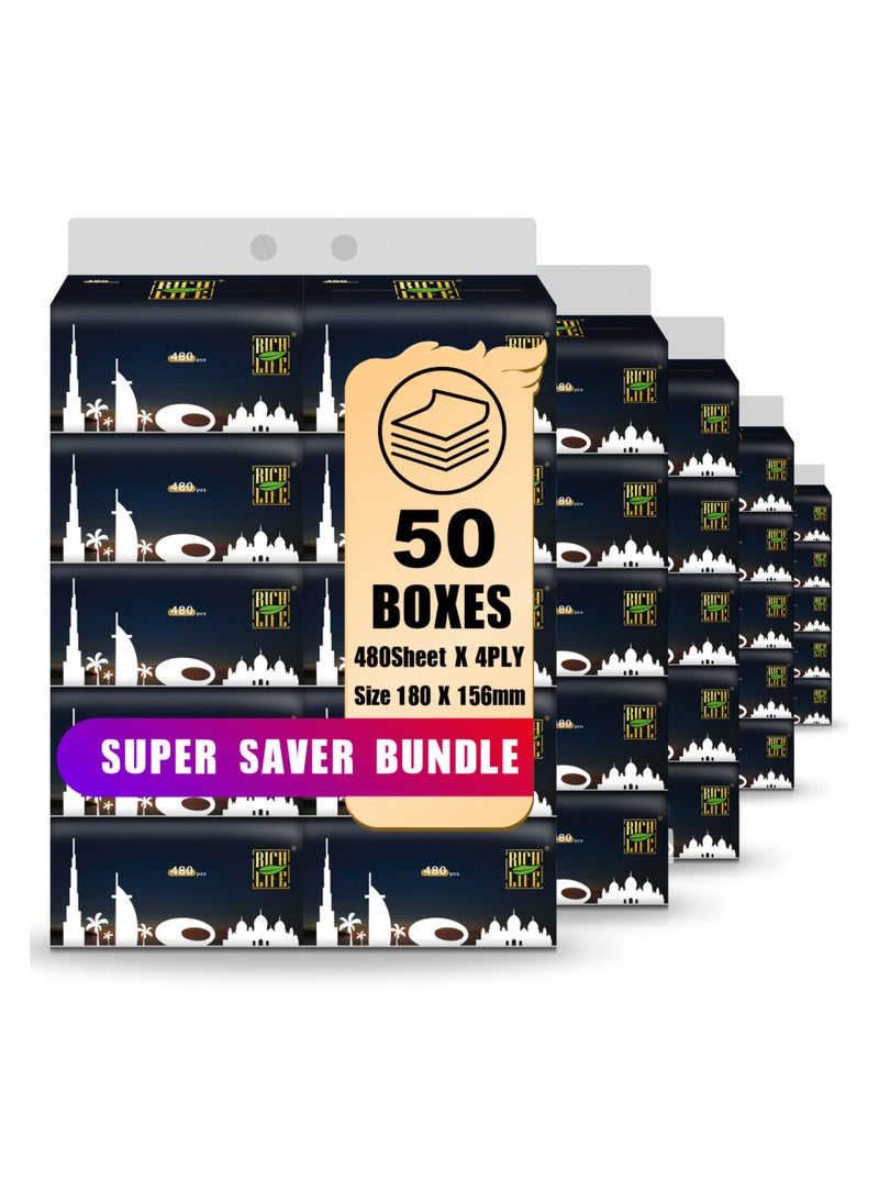 Rich Life Facial Tissue - Premium Quality 4-Ply - 480 Sheets | 50 Value Packs | Soft, Durable & Moisture Proof | 100% Raw Wood Pulp - Ideal for Wet & Dry | Available in 5 to 100 Packs  - Image 1