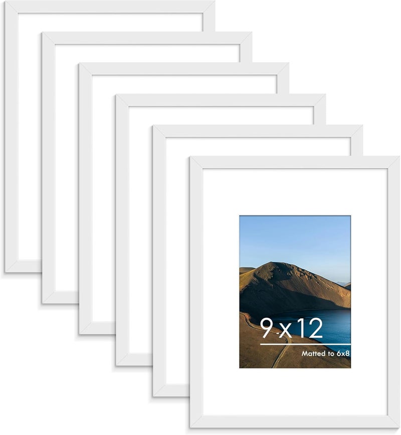 PEALSN 9x12 Picture Frame Set of 6, Display Pictures 6x8 with Mat or 9x12 Without Mat for Wall Mounting or Table Top Display, Photo Frames Collage for Wall Decor, White. - Image 1