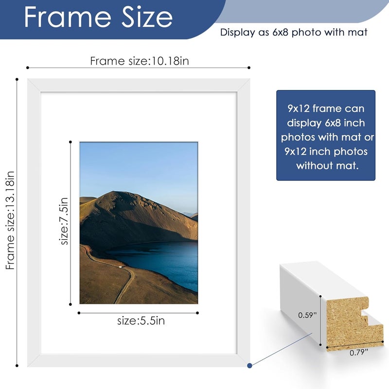 PEALSN 9x12 Picture Frame Set of 6, Display Pictures 6x8 with Mat or 9x12 Without Mat for Wall Mounting or Table Top Display, Photo Frames Collage for Wall Decor, White. - Image 2