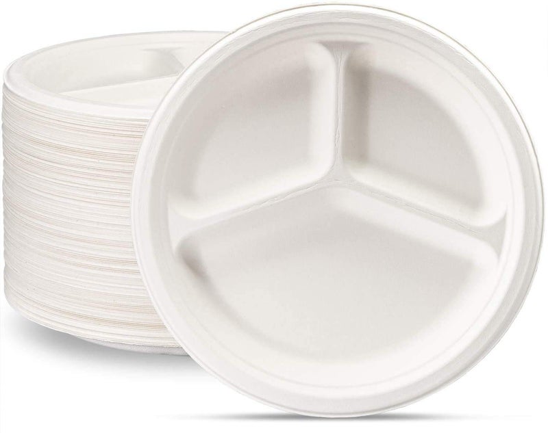 Comfy Package 9 Inch 125 Pack 3 Compartment HeavyDuty White Paper Plates 100 Compostable  Biodegradable
