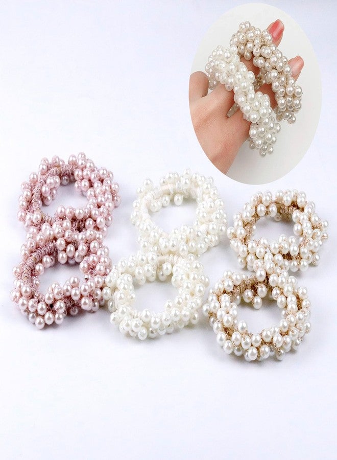 LAPOHI 6 Packs Pearl Hair Ties Elastic Scrunchies Stretchy Bands Bead Ropes Hair Accessories for Women Girls Ponytail Thick Hair, White&Gold&Pink - Image 5