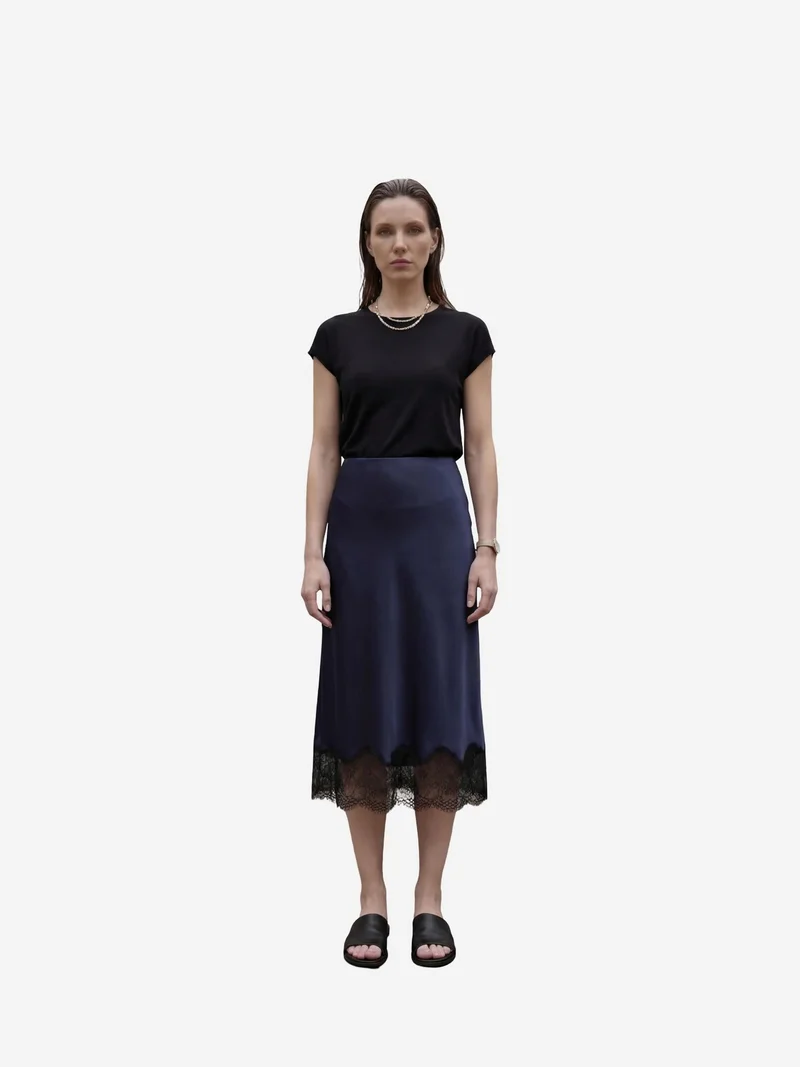 MY FASHION Navy Blue MY FASHION Lace Detailed Satin Midi Skirt for Women | Best Price UAE