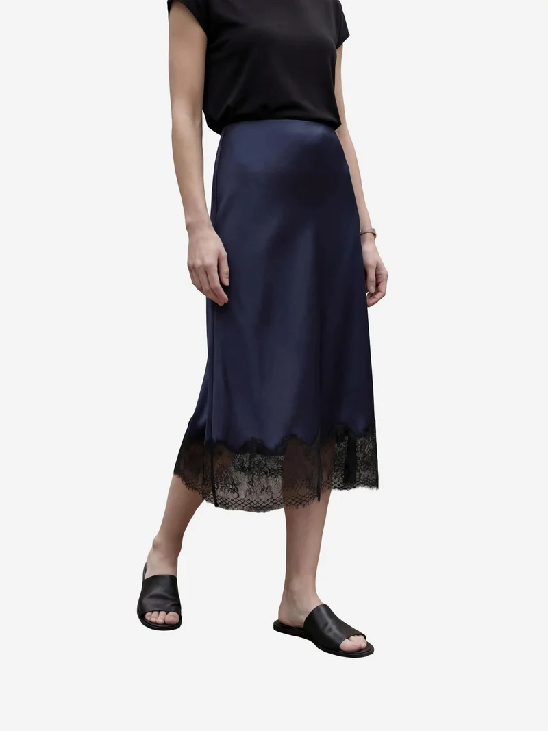 MY FASHION Navy Blue MY FASHION Lace Detailed Satin Midi Skirt for Women | Best Price UAE