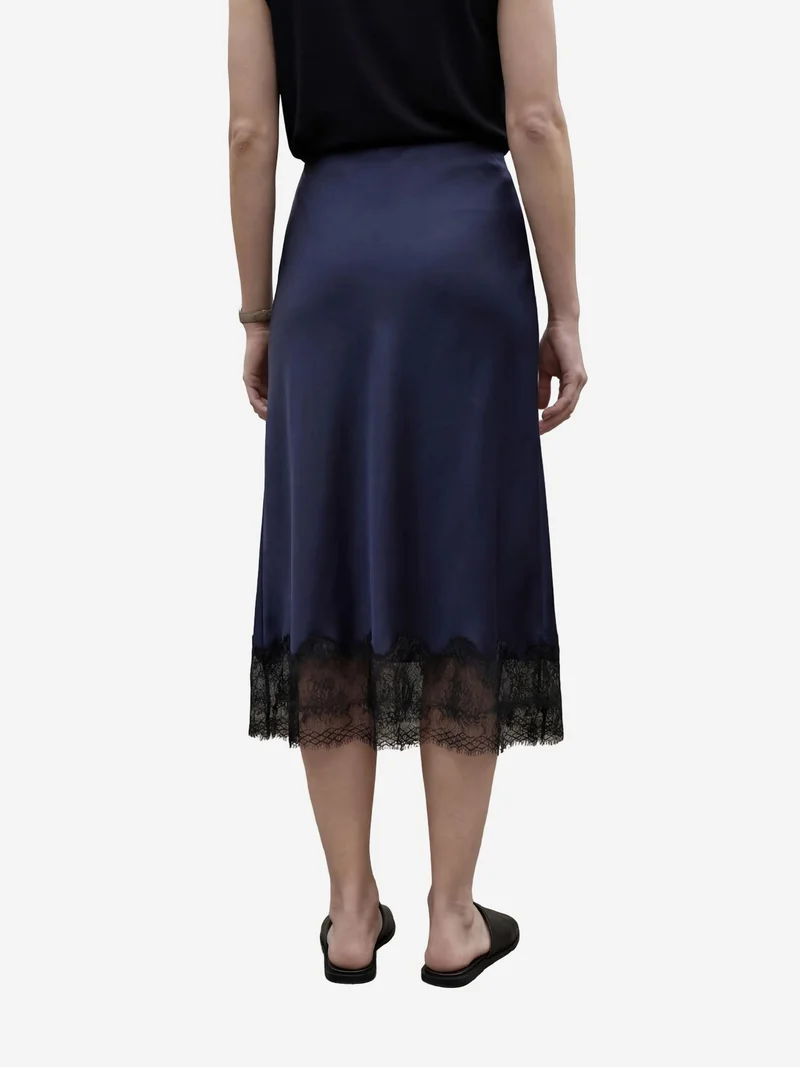 MY FASHION Navy Blue MY FASHION Lace Detailed Satin Midi Skirt for Women | Best Price UAE