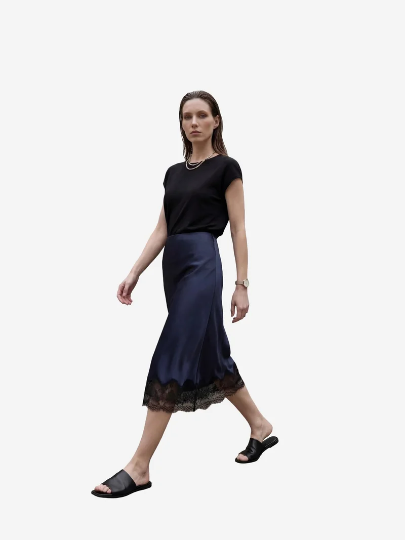MY FASHION Lace Detailed Satin Midi Skirt