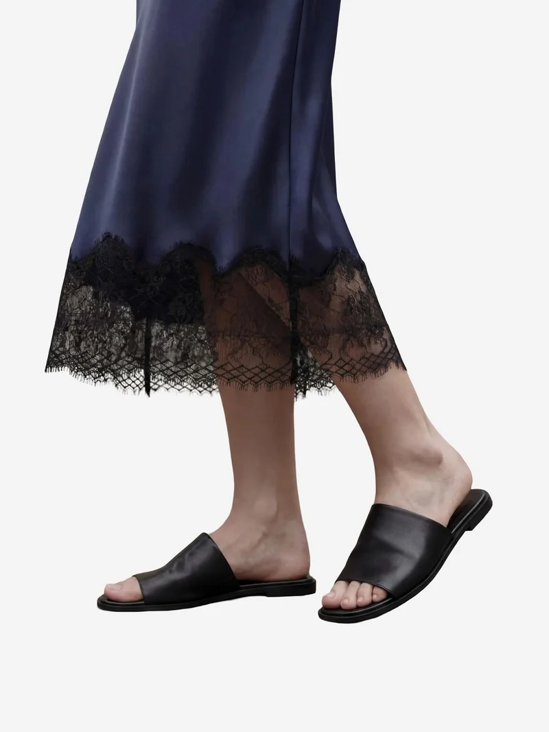 MY FASHION Navy Blue MY FASHION Lace Detailed Satin Midi Skirt for Women | Best Price UAE