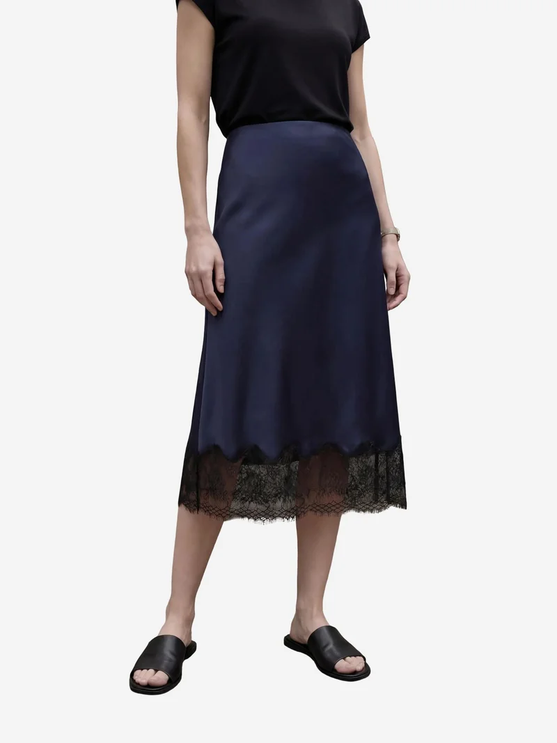 MY FASHION Navy Blue MY FASHION Lace Detailed Satin Midi Skirt for Women | Best Price UAE