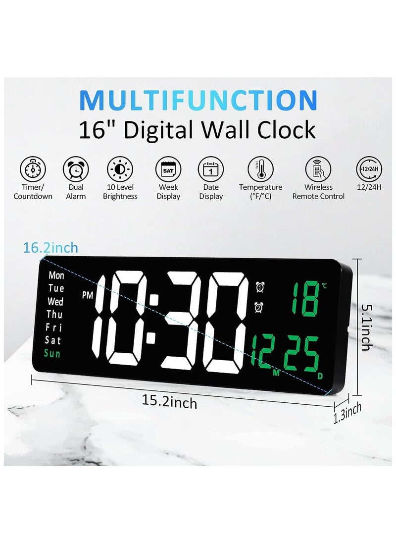 Generic - Digital Wall Clock with Large 16.2" Display, LED Alarm Clock with Remote Control, Automatic Brightness Dimmer, Shows Date, Week & Temperature - Image 1