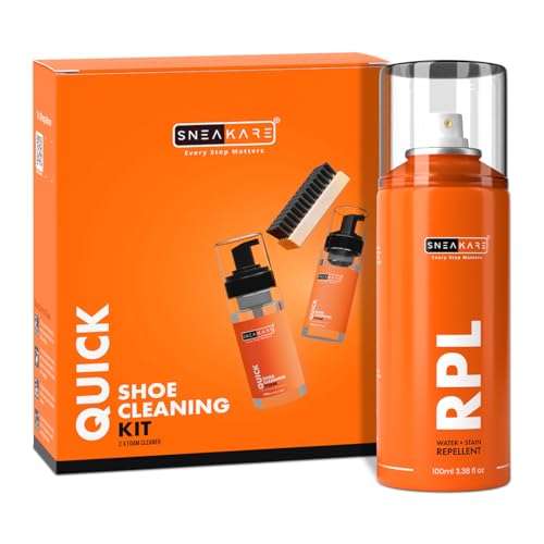 SNEAKARE Quick Kit With Foam Cleaner - Contains 2 x 150ml Foam Shoe Cleaner, Medium Brush & RPL Aerosol Spray for Sneakers, White Shoes, Leather, Suede, Nubuck, Canvas - Shoes Cleaning Kit for Travel - Image 1