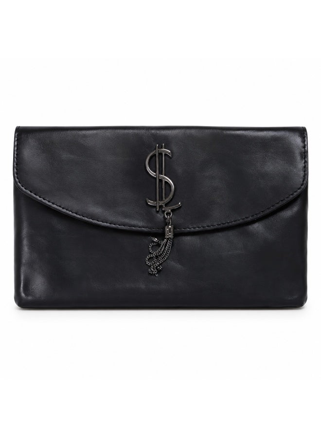 Women's clutch bag with a long strap, suitable for crossbody and shoulder carrying. Classic design with metal details, ideal for outings, evenings out, and special occasions - black - Image 1