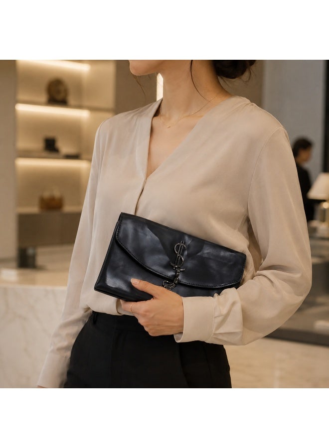 Women's clutch bag with a long strap, suitable for crossbody and shoulder carrying. Classic design with metal details, ideal for outings, evenings out, and special occasions - black - Image 2