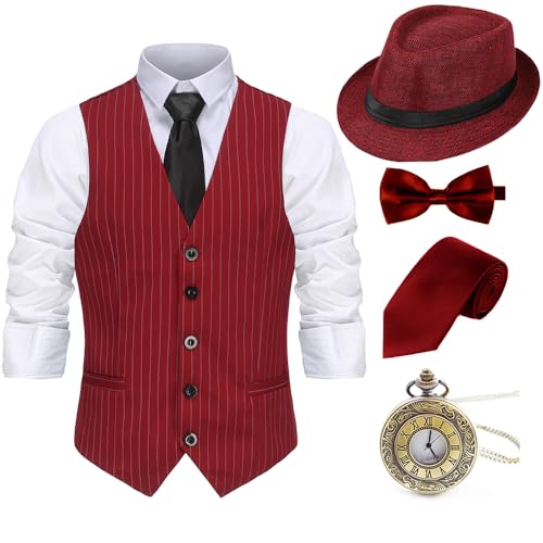 Gionforsy 1920s Mens Costume Gatsby Gangster Costume Accessories Set 20s Hat Suspenders Bow Tie (Winered Stripe-Panama Hat, X-Large) - Image 1