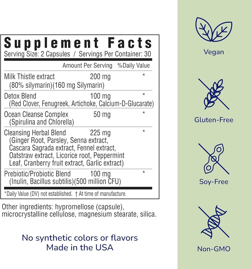 her own Cleanse Gentle Detox Supports Healthy Gut Ocean Algae Cleanse PrebioticProbiotic Blend Cleansing Herbal Blend Gluten and Soy Free Vegan 60 Capsules 30 Servings Multicolor - Image 2