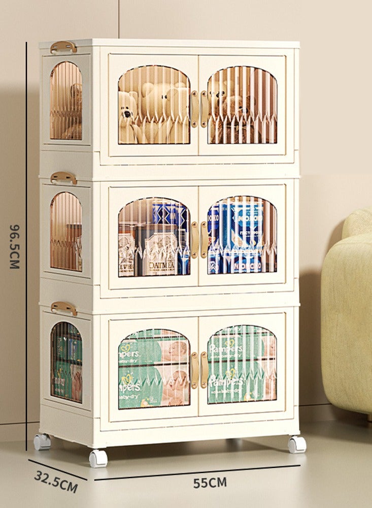 CityRiya-Long Kids Wardrobe Baby Closet Storage Organizer Portable Children Clothes Cabinet Storage Rack Toddler Dresser with Hanging Rod and Wheels for Boys Girls Clothing Nursery Armoire White - Image 2