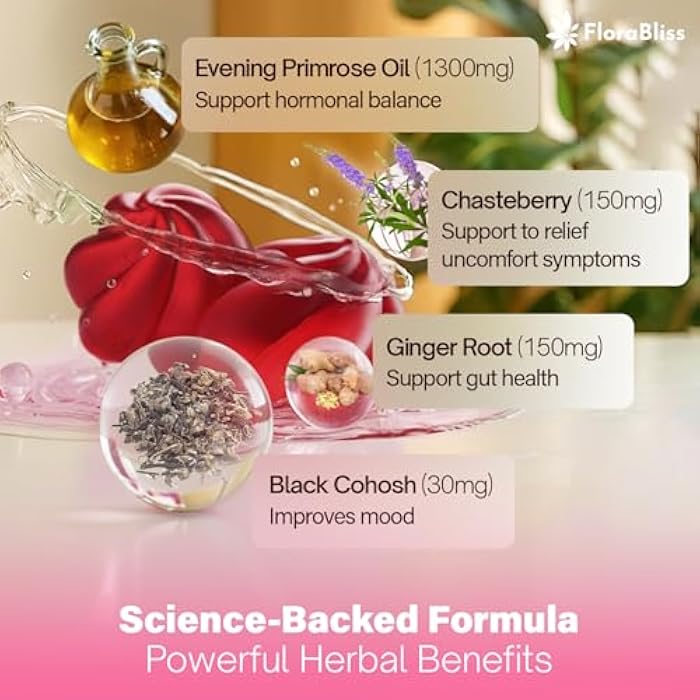 FloraBliss 90 Evening Primrose Oil Gummies | 1500mg | with Black Cohosh, Chasteberry, Ginger Extract for Daily Women's Wellness Support | Vegan, Non-GMO, Sugar-Free - Image 3