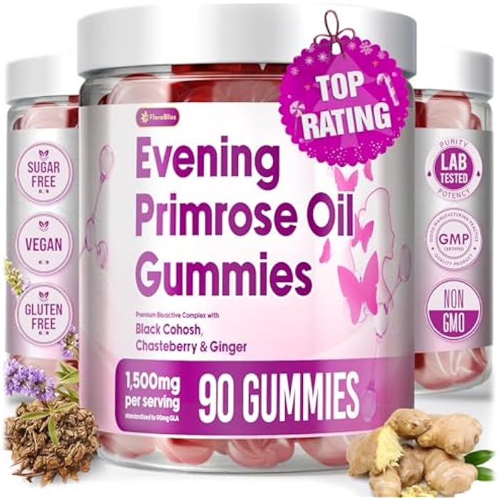 FloraBliss 90 Evening Primrose Oil Gummies | 1500mg | with Black Cohosh, Chasteberry, Ginger Extract for Daily Women's Wellness Support | Vegan, Non-GMO, Sugar-Free - Image 1