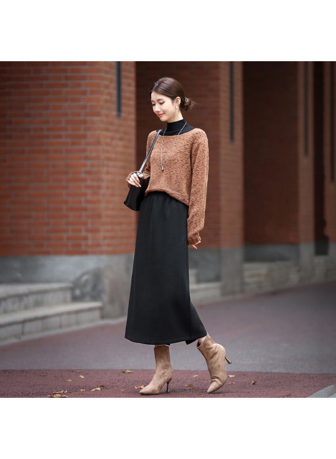 Dme [mulberry Silk And Wool Blend] Autumn Commuter Elastic Waist Back Center Slit Straight Mid-length Women's Skirt - Image 4