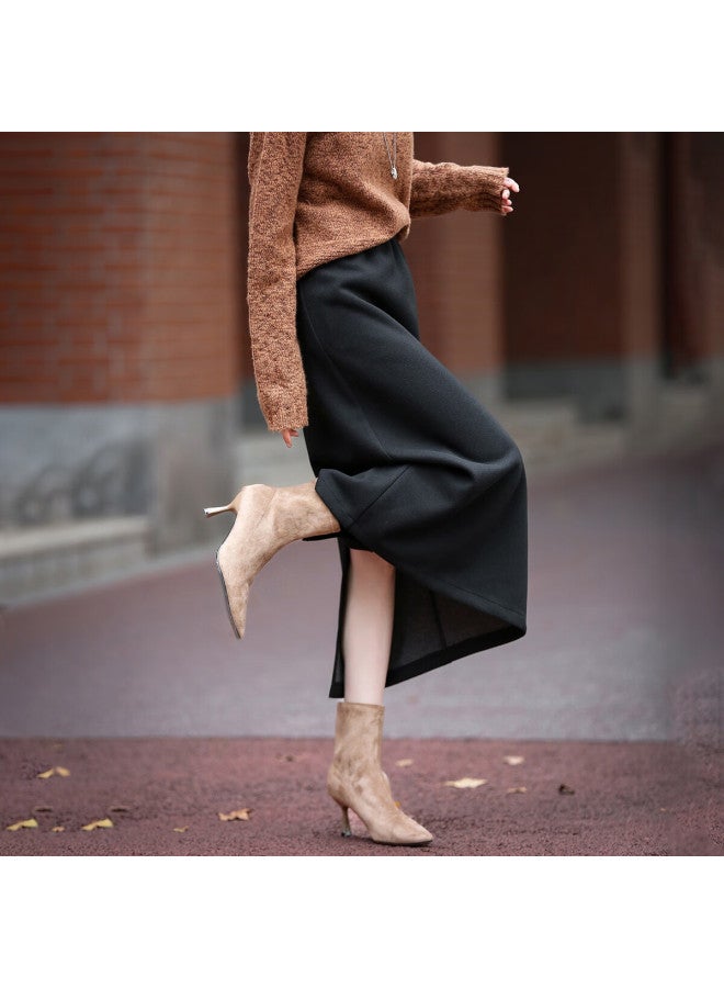 Dme [mulberry Silk And Wool Blend] Autumn Commuter Elastic Waist Back Center Slit Straight Mid-length Women's Skirt - Image 1
