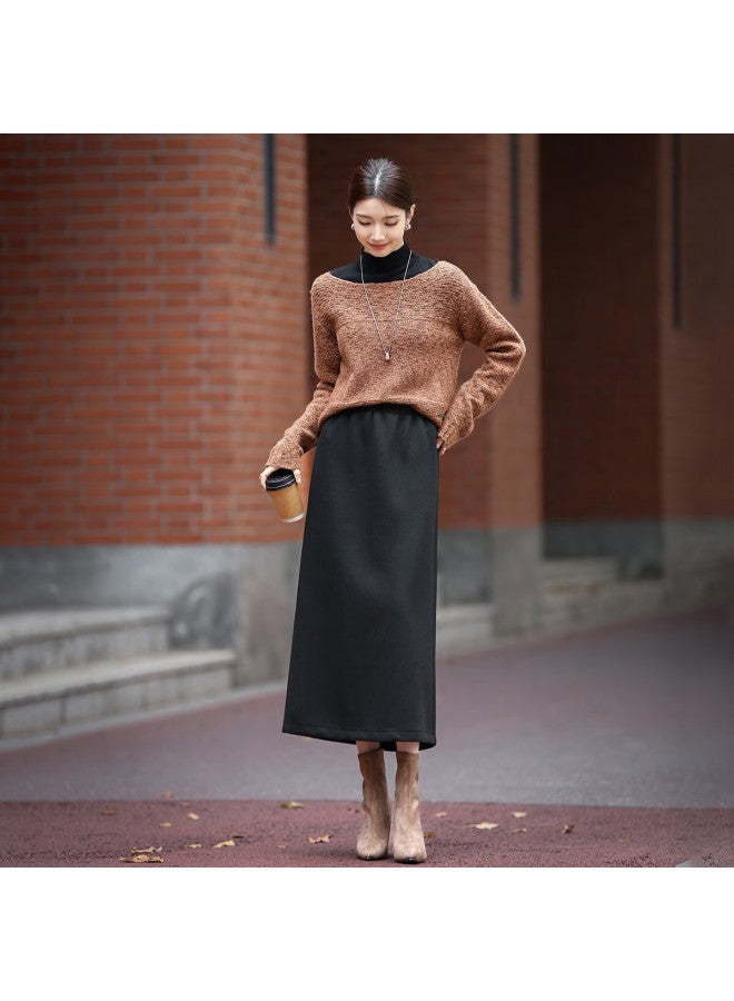 Dme [mulberry Silk And Wool Blend] Autumn Commuter Elastic Waist Back Center Slit Straight Mid-length Women's Skirt - Image 5