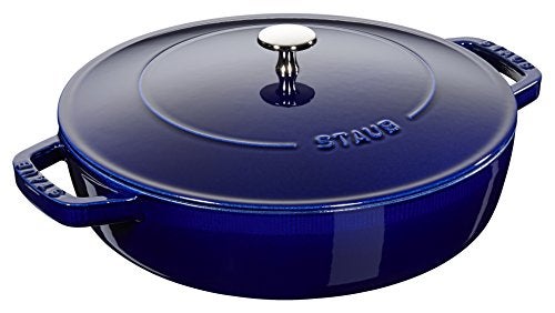 Staub Cast Iron DoubleHandled BraiserSkillet with Lid and Self Basting Spikes  25Qt Blue - Image 1
