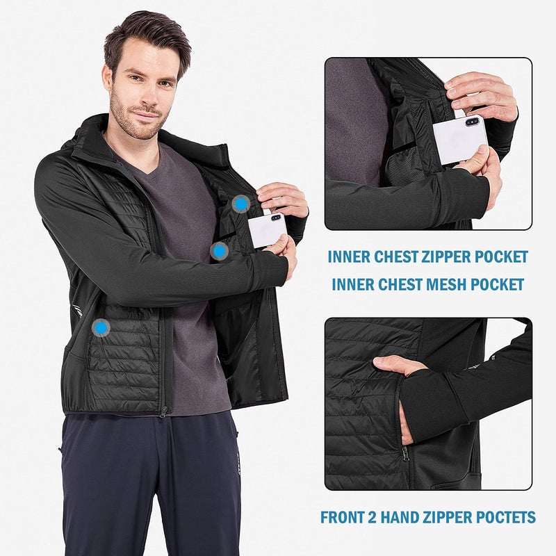 baleaf Men's Running Jacket Lightweight Warm Up Puffer Jacket Hybrid Thermal Hiking Golf Insulated Coat Thumble Hole Black L - Image 4