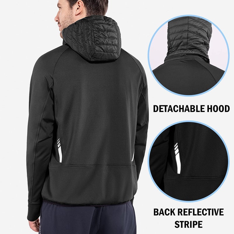 baleaf Men's Running Jacket Lightweight Warm Up Puffer Jacket Hybrid Thermal Hiking Golf Insulated Coat Thumble Hole Black L - Image 2