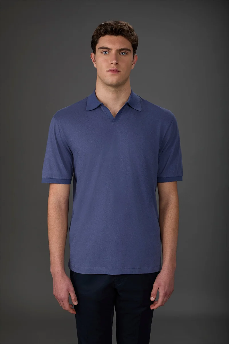 Men's short-sleeved organic cotton polo shirt with derby collar - Cerulean
