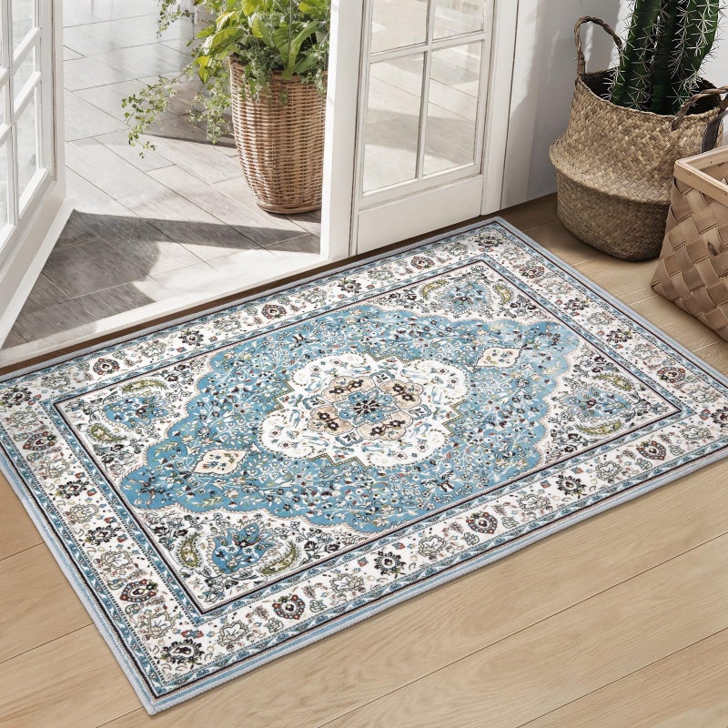 Ciicool Washable Vintage Area Rug, 2x3ft Small Boho Rug, Ultra Soft Rugs for Entryway, Non-Slip Entry Rugs Oriental Low-Pile Indoor Mat Floor Carpet for Entrance Bedroom Kitchen Bathroom Foyer Decor - Image 1