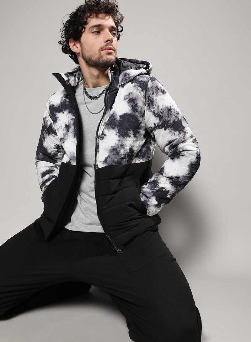 Campus Sutra Men's Black & White Tie-Dye Block Puffer Jacket - Image 1