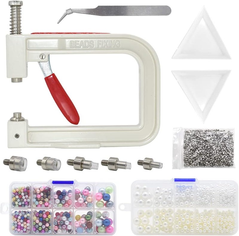 Renashed Pearl Setting Hand Press Machine Tools with 2 Boxes of 5 Sizes Colorful no Holes Round Pearls Beads and Rivet Studs, Screw Heads Tweezers for DIY Crafts - Image 1