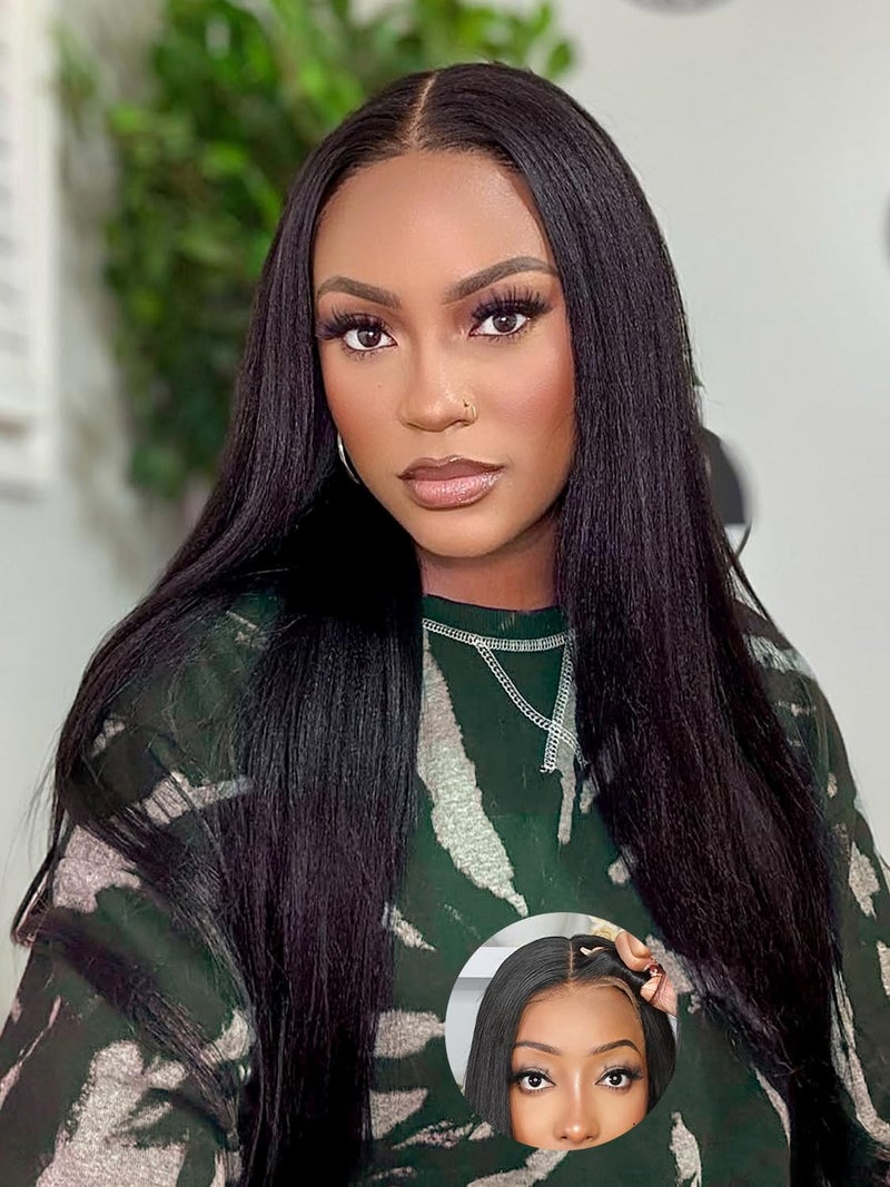 Domiso 24 Inch Yaki Straight Glueless Wigs Human Hair Pre Plucked Pre Cut 8X5 Lace Pre Bleached Knots Yaki Straight No Glue Lace Wig Glueless Wig Human Hair Natural Black 180% Density