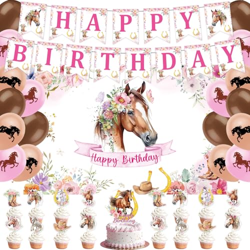 Rngmsi Horse Birthday Decorations Kit for Girls 39PCS Horse Party Banners with Racing Horse Balloons Decoration Horse Backdrop Decor Horse Themed Cake Cupcake Toppers Party Supplies - Image 1