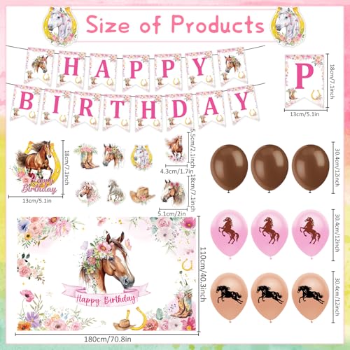 Rngmsi Horse Birthday Decorations Kit for Girls 39PCS Horse Party Banners with Racing Horse Balloons Decoration Horse Backdrop Decor Horse Themed Cake Cupcake Toppers Party Supplies - Image 5