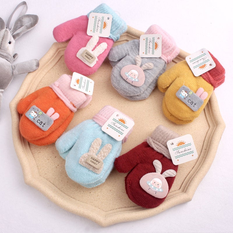 Thickened Fleece Kids Gloves Cartoon Warm Full-Finger with String Color Mix and Match 