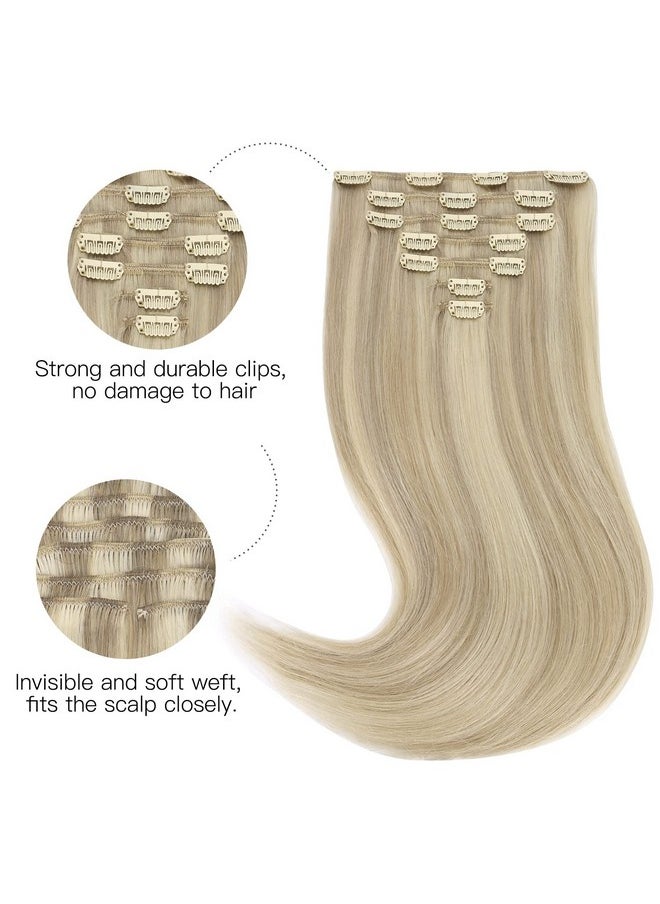 hotbanana - Human Hair Clip In Hair Extensions Ash Blonde Highlighted Platinum Blonde Hair Extensions 120G Clip In Hair Extensions Real Human Hair Straight Remy Hair Clip Ins 18 Inch 7Pcs - Image 1