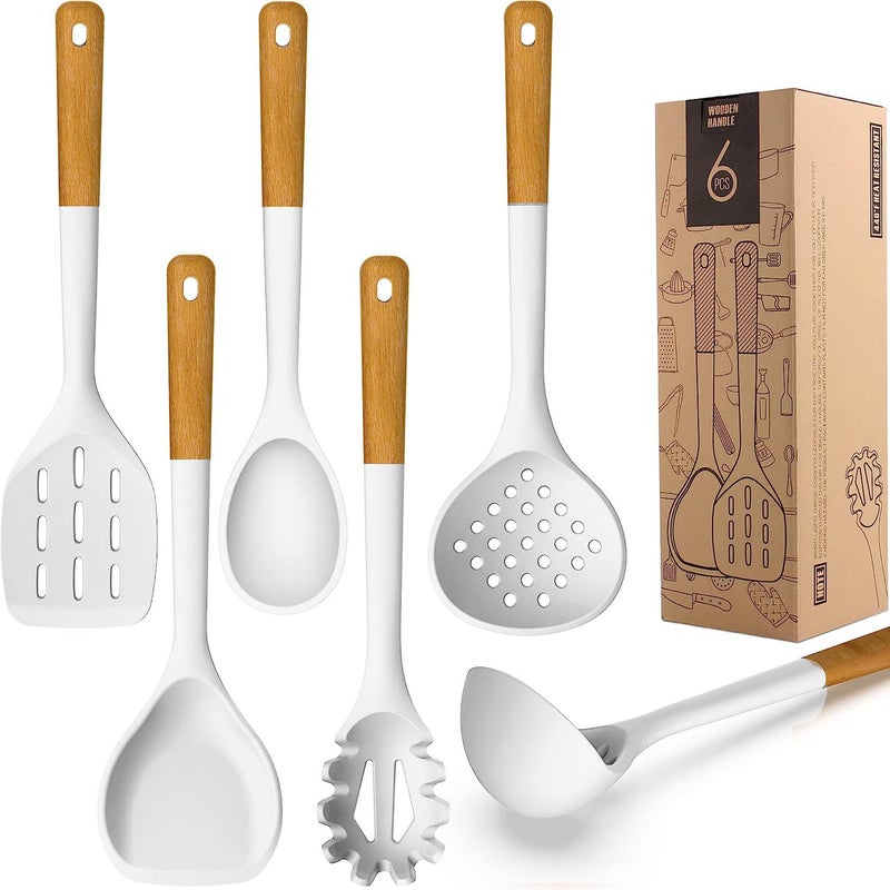 AVGPD Large Silicone Cooking Utensils Set - Heat Resistant Silicone Kitchen Utensils For Cooking W Wooden Handles  Spatula Set  Kitchen Utensil Gadgets Sets For Non-Stick Cookware  Bpa Free (White) - Image 1