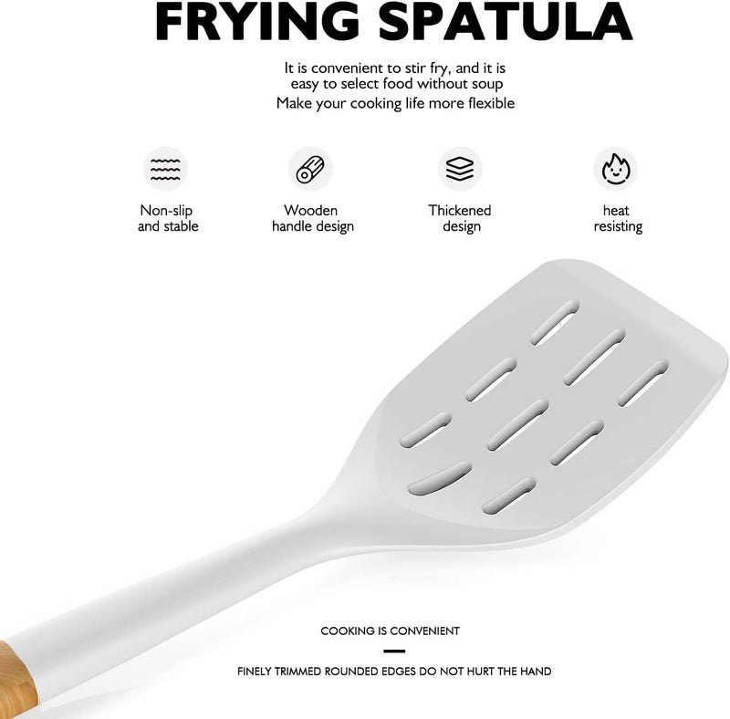 AVGPD Large Silicone Cooking Utensils Set - Heat Resistant Silicone Kitchen Utensils For Cooking W Wooden Handles  Spatula Set  Kitchen Utensil Gadgets Sets For Non-Stick Cookware  Bpa Free (White) - Image 2