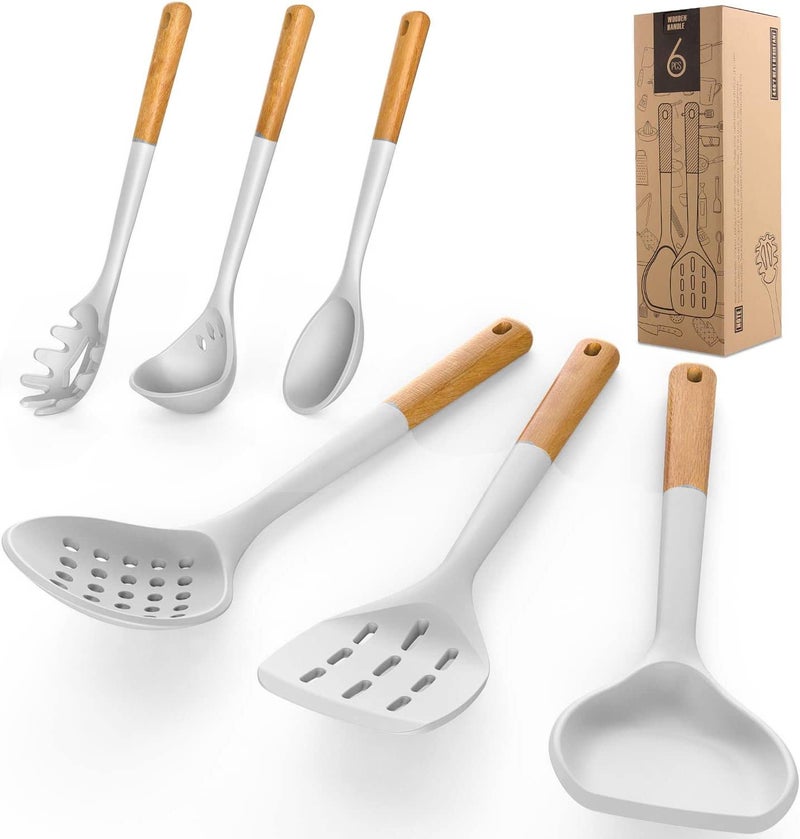 AVGPD Large Silicone Cooking Utensils Set - Heat Resistant Silicone Kitchen Utensils For Cooking W Wooden Handles  Spatula Set  Kitchen Utensil Gadgets Sets For Non-Stick Cookware  Bpa Free (White) - Image 4