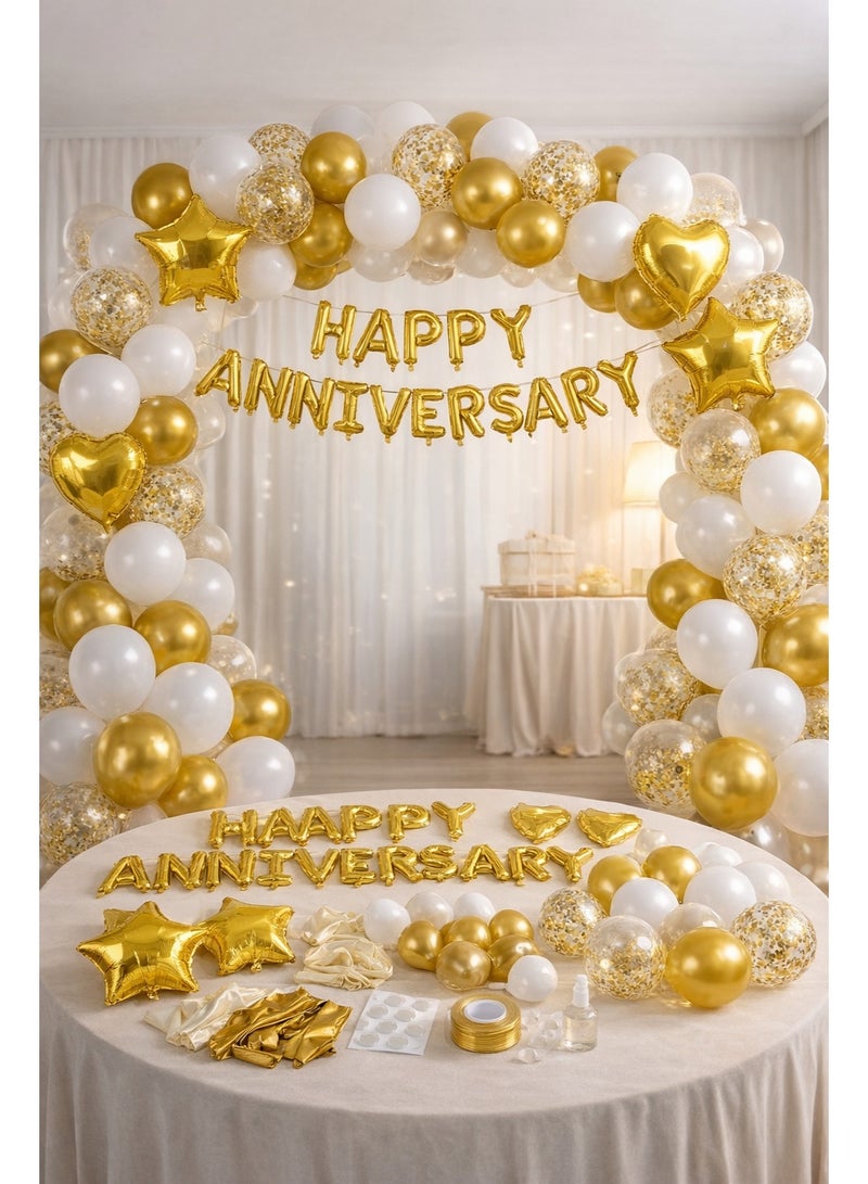 Happy Anniversary Balloon Decoration Kit Gold White – 16” Foil Letter Balloons, Star & Heart Balloons, Latex & Confetti Balloons with Ribbon & Glue DIY Party Set - Image 1