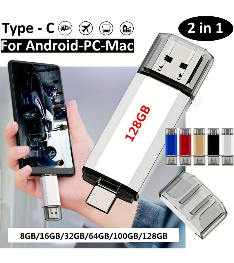 USB C Flash Drive 128GB Silver Double C Type High Speed OTG Thumb Drive 2 in 1 USB 2.0 Dual Interface Metal Memory Stick Photo Stick Suitable for Android Smartphones and Tablet - Image 2