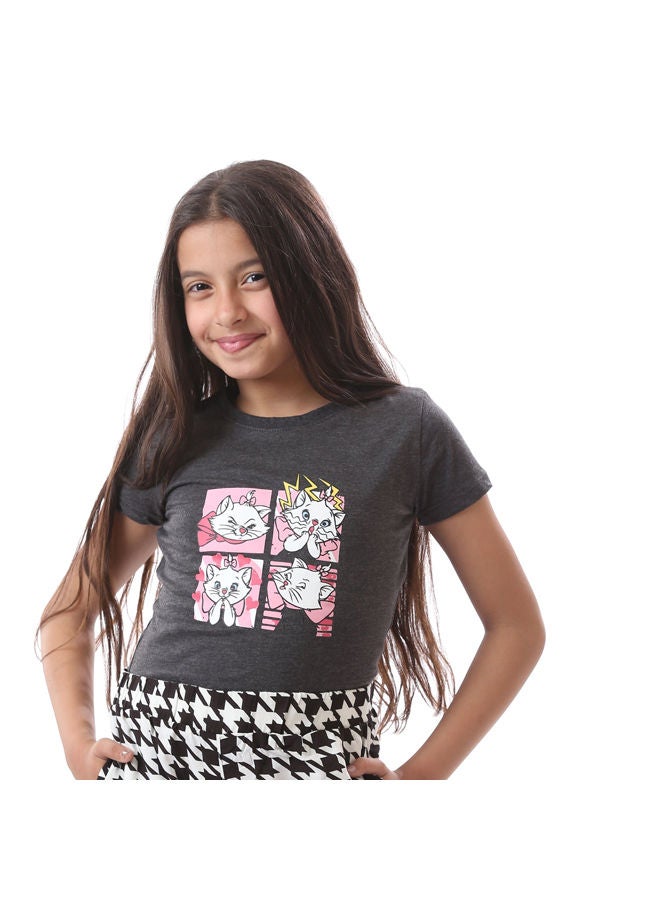 Andora Girls Printed Daisy Cat  Summer T-Shirt - Heather Dark Grey  - Image 2