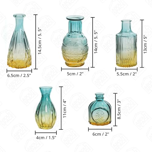 ABOUT SPACE Glass Bud Flower Vase – Pack of 5 Glass Centrepiece Mini Flower Vase -Antique Collection for Wedding Decoration Sturdy Textured Drop Shaped Table Top Decor for Home Restaurants - Gradient - Image 2