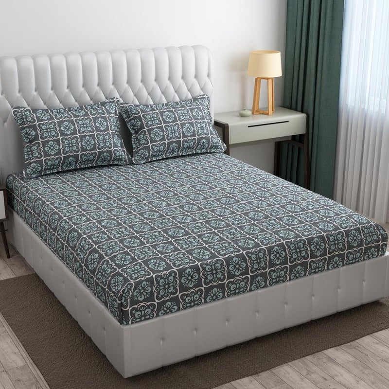 DECOR2ADMIRE 300 TC Soft Glace Cotton Queen Size Abstract Printed Premium Double Bedsheet with Two King Size Pillow Covers for Home 90 Inches x 100 Inches (Grey and Blue Floral) - Image 4