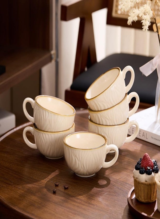 Coffeezone Set of 6 Vintage Design 12 oz Professional Barista Ceramic Latte Art Cappuccino Cups Set (Wave Beige) - Image 2