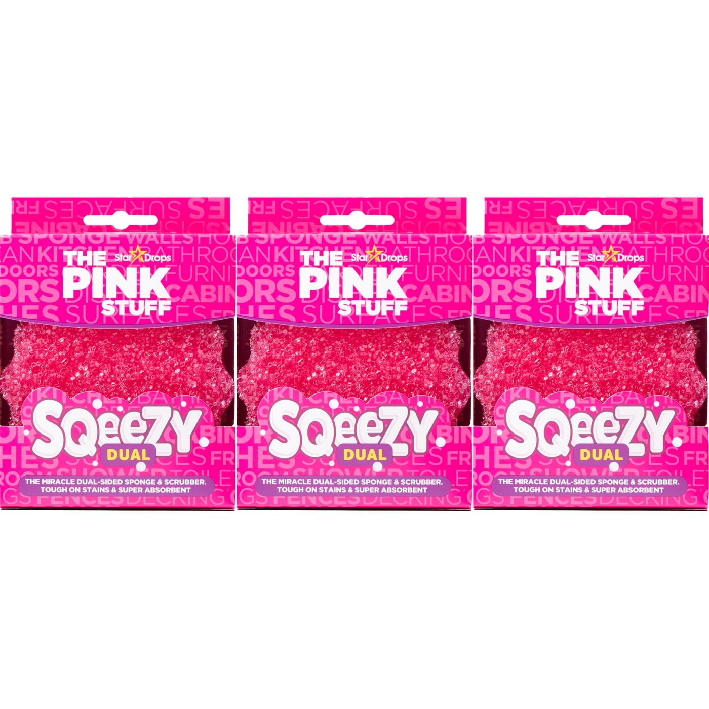 Stardrops – The Pink Stuff – SQeeZY Miracle Dual Sided Scrubber Sponge, Scratch Free Solution for Ultimate Home Cleaning - Perfect for Kitchens, Bathrooms, and Outdoor Use, 3-Pack